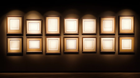 A stunning gallery wall featuring a series of empty picture frames illuminated by warm lights, creating an inviting atmosphere ideal for art exhibitions and interior design inspiration.の素材