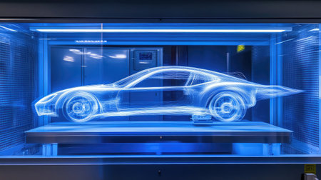This image showcases a futuristic car displayed in neon light, emphasizing innovative design and digital elements to represent modern automotive engineering concepts.の素材