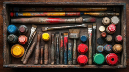 A rustic wooden tray filled with various art supplies, including brushes, paints, and pencils, showcasing a colorful and creative setup for artists.の素材