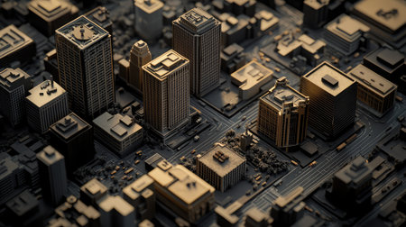 The image captures a detailed 3D model of a city with golden tones, emphasizing the complexity of urban architecture and road systems in a visually striking manner.の素材