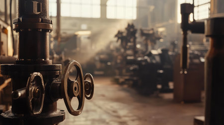 A captivating industrial scene showcasing vintage machinery and pipes illuminated by warm sunlight, creating an inviting workshop atmosphere rich in character and history.の素材