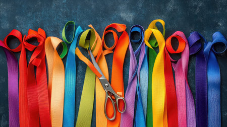 A vibrant assortment of colorful ribbons is displayed with a pair of scissors on a textured background, ideal for crafting, gift wrapping, or festive decoration inspiration.の素材