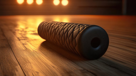 A detailed close-up of a textured fitness grip resting on a polished wooden surface, complemented by warm ambient lighting to enhance the inviting workout atmosphere.の素材