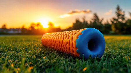 A bright foam roller rests on lush green grass under a stunning sunset sky, embodying health, relaxation, and outdoor fitness in a serene setting. Ideal for wellness enthusiasts.の素材