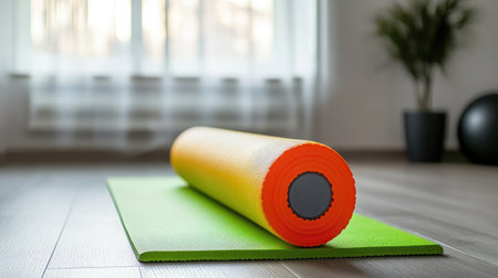 A vibrant orange foam roller rests on a green yoga mat, positioned in a bright, airy room filled with natural light, promoting fitness, relaxation, and wellness activities.の素材