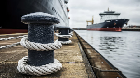 A detailed close-up image of a mooring post tied with rope, set against a serene harbor backdrop featuring an anchored ship on an overcast day.の素材