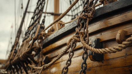 Explore the intricate details of a vintage ship's rigging, showcasing the expert craftsmanship and rich maritime history through its ropes and chains against a scenic backdrop.の素材