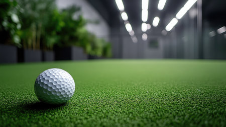 A single golf ball rests on vibrant synthetic grass, showcasing a modern indoor golf space with lush greenery and bright ambient lighting, perfect for training and leisure activities.の素材