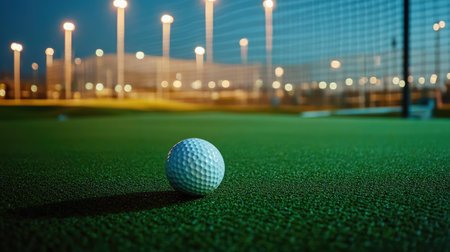 A stunning close-up view of a white golf ball resting on lush green turf, illuminated softly by evening lights, evoking a serene and tranquil atmosphere.の素材