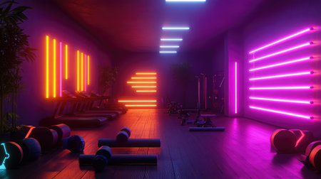Explore a lively fitness studio featuring neon lighting and modern equipment, perfect for energizing workouts and motivating training sessions in a stylish environment.の素材