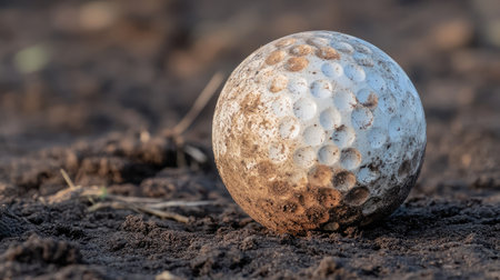 A close-up view of a dirty golf ball resting on a soil surface, showcasing its unique texture and details, suitable for sports enthusiasts and outdoor activities.の素材