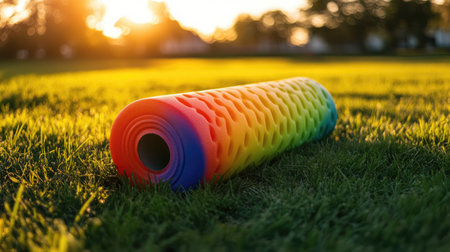 A stunning rainbow foam roller rests on lush green grass during sunset, embodying the perfect blend of fitness and relaxation in a serene outdoor setting.の素材