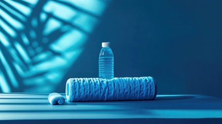 A serene wellness setup featuring a water bottle, foam roller, and towel on a soft blue background, perfect for promoting relaxation, hydration, and fitness routines.の素材