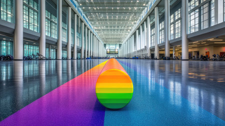 A stunning indoor space featuring a colorful rainbow strip and a round object, creating a vibrant atmosphere that embodies creativity and modern design, inviting exploration.の素材