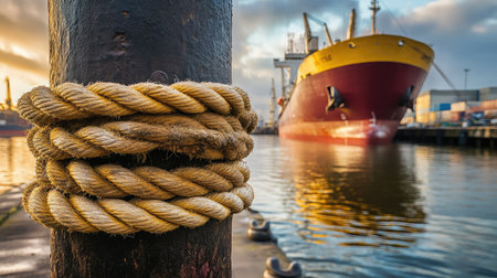 A picturesque scene featuring a mooring rope wrapped around a post with a large ship docked in the background during sunset, creating a tranquil maritime atmosphere.の素材