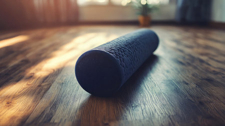 A serene blue yoga roller rests on a wooden floor, capturing the essence of relaxation and fitness. Ideal for enhancing practice and providing comfort during workouts.の素材