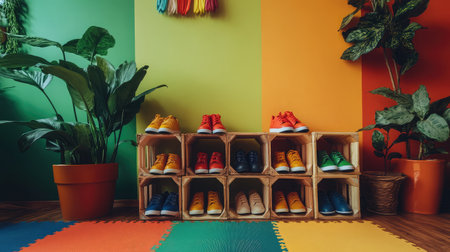 A vibrant display of colorful sneakers arranged on a wooden rack, complemented by lush plants and bright wall colors, creating a lively and stylish living environment.の素材