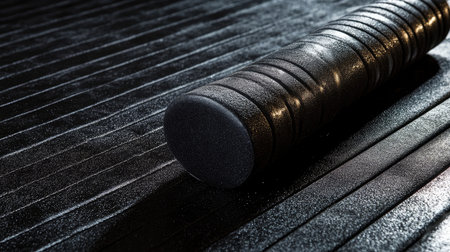 A sleek black textured surface featuring a cylindrical foam piece, ideal for fitness or design representation, emphasizing modern aesthetics and materials in various creative contexts.の素材