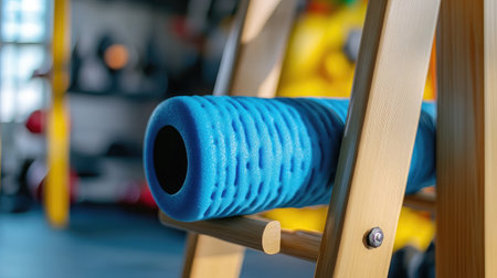 A vibrant blue foam roller positioned on a wooden rack in a gym, emphasizing its unique texture and practicality for fitness routines and recovery practices.の素材