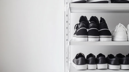A clean and organized display of casual footwear featuring black and white sneakers, offering a modern look perfect for fashion inspiration or lifestyle settings.の素材