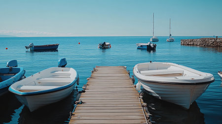 A picturesque marina features white boats resting peacefully at a wooden pier, surrounded by tranquil blue water under a clear, sunny sky, creating a perfect escape.の素材