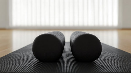 Two black yoga foam rollers lie on a textured mat, inviting a peaceful fitness session in a serene indoor studio illuminated by soft natural light.の素材