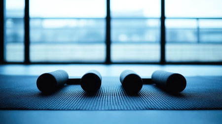 Capture the essence of fitness with this serene image of dumbbells on a gym mat, blending minimalism and tranquility to inspire health and physical well-being.の素材
