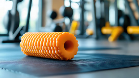 A vibrant orange foam roller placed on an exercise mat in a gym setting, surrounded by weights and fitness equipment, ideal for workouts and muscle recovery.の素材