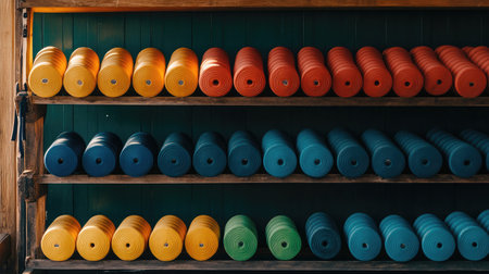 A stunning showcase of colorful round exercise mats arranged neatly on wooden shelves, perfect for yoga and fitness enthusiasts seeking vibrant home decor and wellness inspiration.の素材