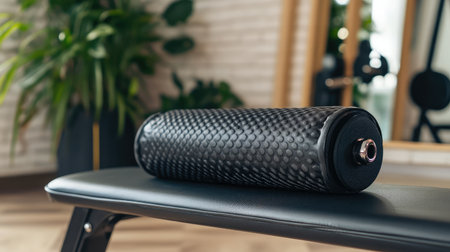 A foam roller rests on a workout bench in a bright, modern fitness space, surrounded by plants and mirrors, ideal for promoting wellness and recovery in a home gym setting.の素材