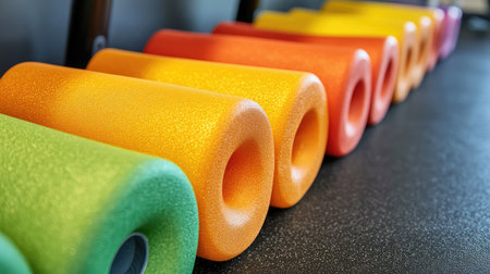 Vibrant foam rollers in various colors lined up on a gym floor, perfect for enhancing flexibility, muscle recovery, and home fitness routines to promote wellness and relaxation.の素材