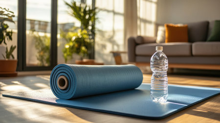 A bright and inviting home fitness area featuring a blue yoga mat and a water bottle, perfect for promoting health, wellness, and a balanced lifestyle in comfortable surroundings.の素材