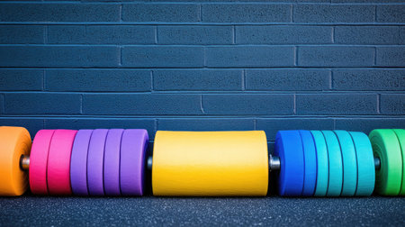 A vibrant display of colorful weight plates lined up against a dark brick wall, perfect for conveying an energetic and modern fitness atmosphere in promotional materials.の素材