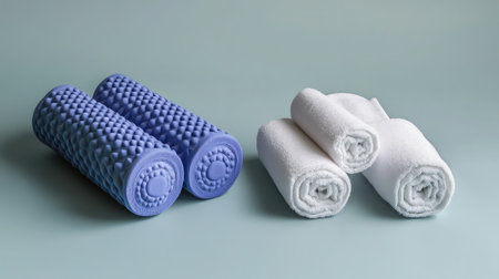 A modern arrangement featuring soft white towels and textured blue foam rollers, perfect for fitness, recovery, and wellness activities in a serene and minimalist environment.の素材