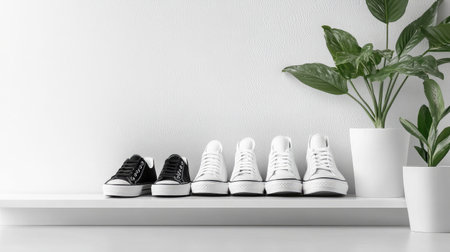A chic display of black and white sneakers arranged on a sleek shelf, complemented by a vibrant green plant, creating a fresh and modern interior atmosphere.の素材
