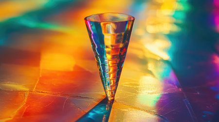 A stunning glass cone stands elegantly against a colorful reflective backdrop, showcasing vibrant light patterns that create an artistic and captivating visual experience.の素材