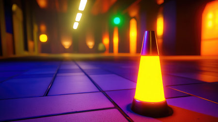 A vibrant image of a glowing traffic cone set against a colorful urban backdrop, featuring neon lights and soft focus, creating an engaging and dynamic atmosphere.の素材
