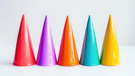 A vibrant display of colorful party hats arranged in a row, showcasing bright shades that add joy and festivity to any celebration or event, perfect for creative designs and joyful themes.の素材