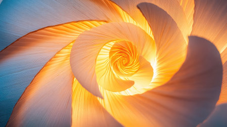 This striking image showcases a close-up of a spiraled design illuminated by soft, warm light. The smooth textures and gentle curves create a sense of tranquility and beauty.の素材
