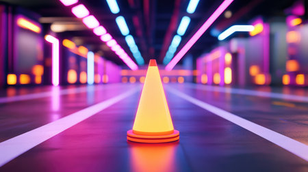 A captivating neon-lit traffic cone stands in a futuristic urban environment, surrounded by striking colors and atmospheric lighting, ideal for creative use.の素材
