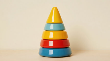 This colorful stacking toy features a pyramid of red, blue, yellow, and green shapes designed to enhance motor skills and encourage imaginative play in children.の素材