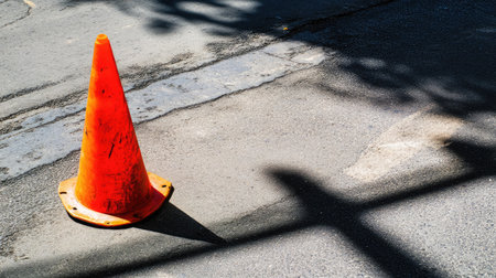 A bright orange traffic cone sits on an urban pavement, casting a distinct shadow. This image symbolizes road safety and construction management in a bustling city environment.の素材
