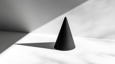 A striking black cone object rests on a pristine white surface, creating dramatic geometric shadows that emphasize minimalist design and modern art in a serene environment.の素材