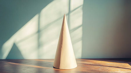 A serene minimalist cone stands on a wooden surface, cast in soft shadows and warm light, creating an aesthetically pleasing vibe perfect for modern decor or artistic projects.の素材