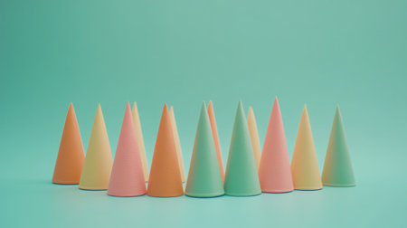 A lively display of colorful party hats arranged in a playful formation against a soft turquoise background, perfect for adding a festive touch to any celebration or event.の素材