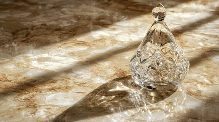 This image captures a beautifully crafted crystal decorative object resting on a marble surface, complemented by gentle shadows and reflections under soft natural light.の素材