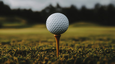 A stunning close-up of a golf ball on a tee, surrounded by lush grass, capturing the essence of the sport. This image conveys the passion and precision required in golf.の素材