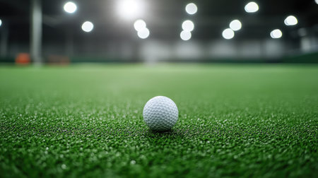 A close-up view of a white golf ball resting on a vibrant green turf within an indoor sports facility, ideal for showcasing themes of precision and leisure in sports.の素材