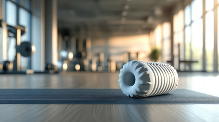 A foam roller rests on a gym mat in a modern fitness studio, illuminated by natural light streaming through large windows, creating an inviting workout atmosphere.の素材