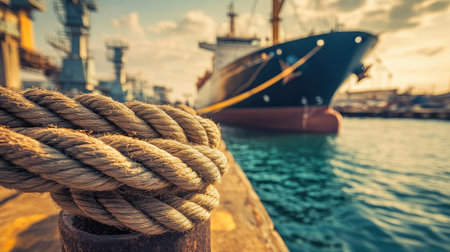 A beautifully composed image featuring a close-up of twisted rope with a freight ship docked in the background, embodying the essence of the maritime industry.の素材